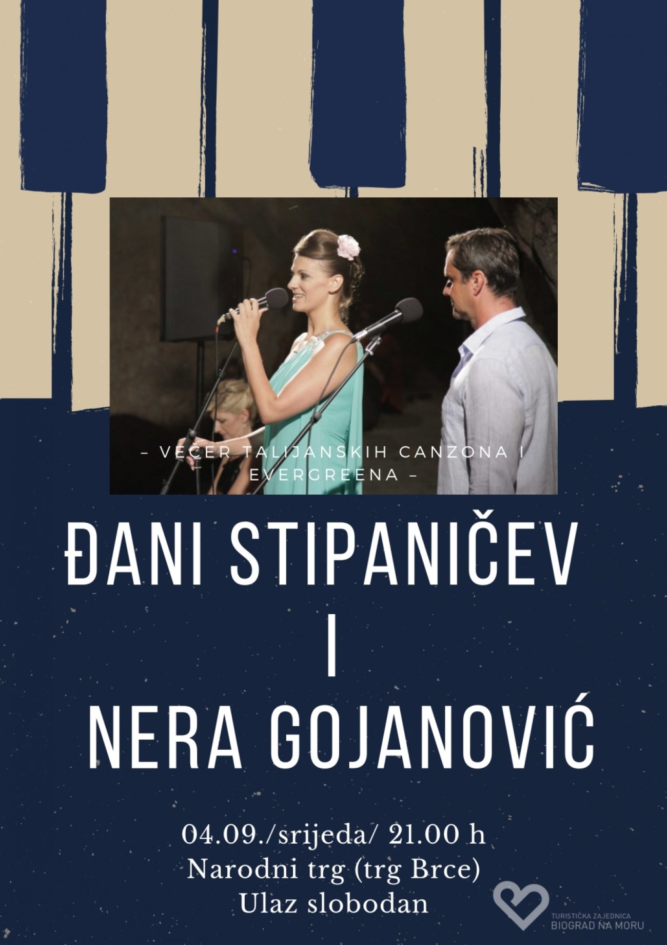 Na Narodnom trgu (trg Brce) 4.9. od 21 sat nastupaju vrhunski vokalisti i miljenici publike - Đani Stipaničev i Nera Gojanović
