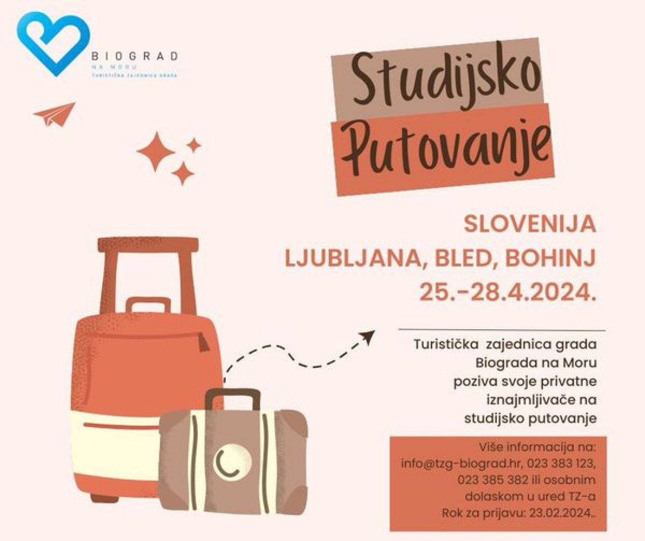 STUDIJSKO PUTOVANJE Slovenija: Ljubljana, Bled, Bohinj 25. - 28.4.2024.