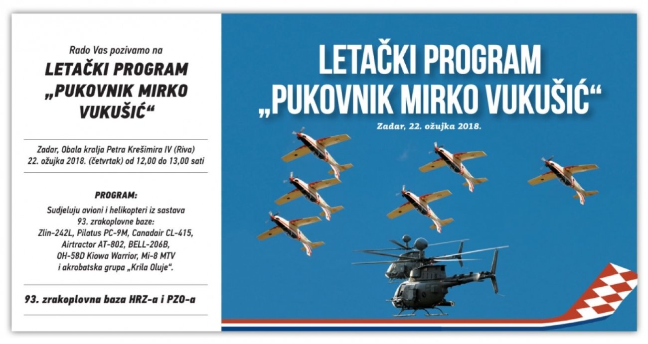 U povodu Dana postrojbe 93. zrakoplovna baza organizira Letački program &quot;Pukovnik Mirko Vukušić&quot;