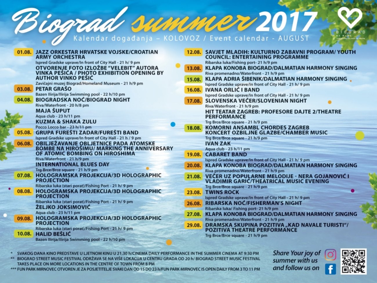 Biograd summer 2017. - Kalendar događanja - kolovoz 2017 / Event calendar - August 2017